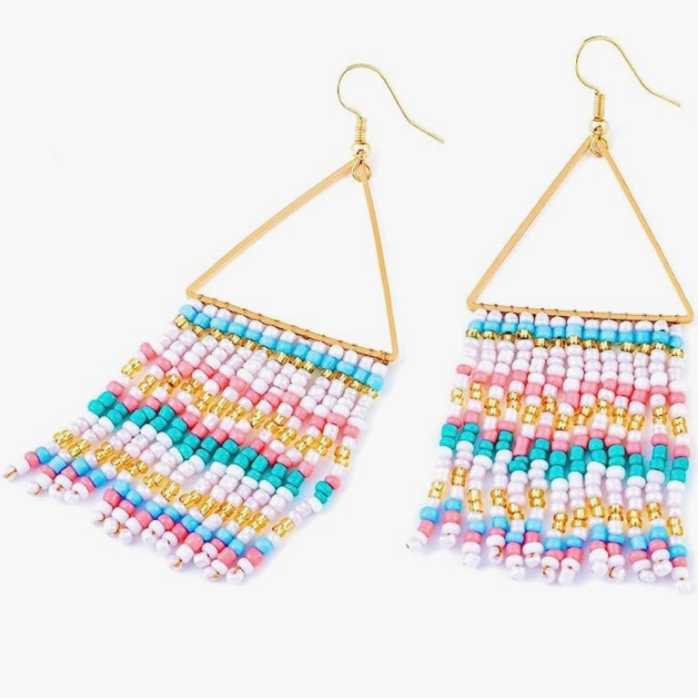Long 4" Triangle Pink Blue White Beaded Festival Fringe Earrings Geometric New